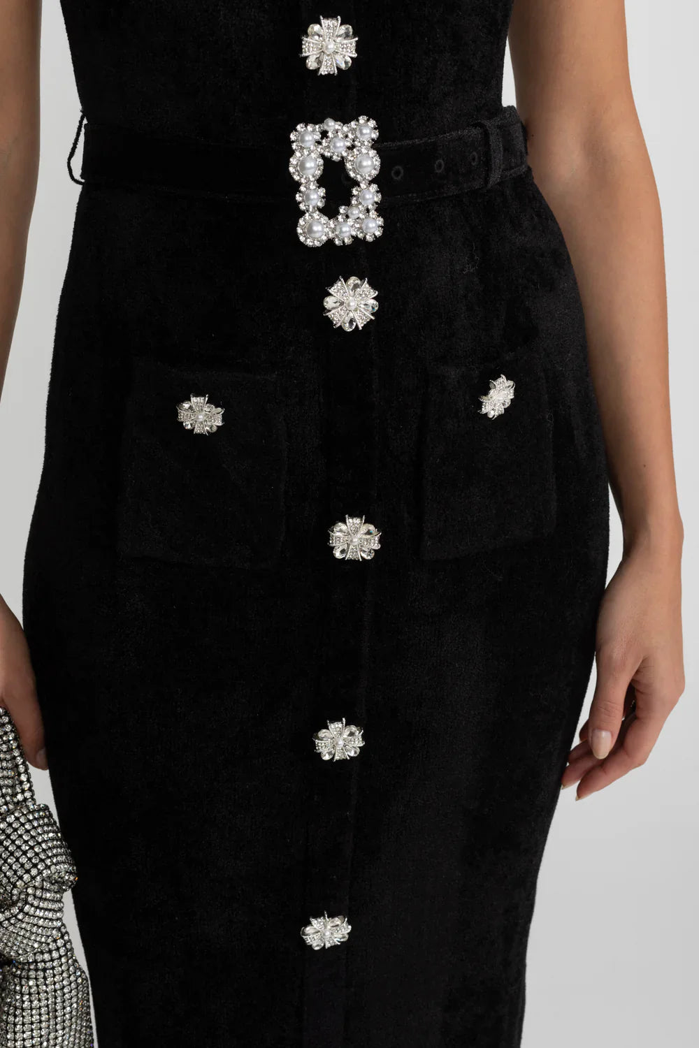 ADALIA Velvet Crystals Elegant Midi Bodycon Dress
