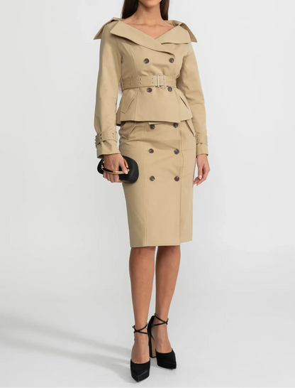 AHSEN OFF-SHOULDER TRENCH JACKET AND PENCIL SKIRT SET