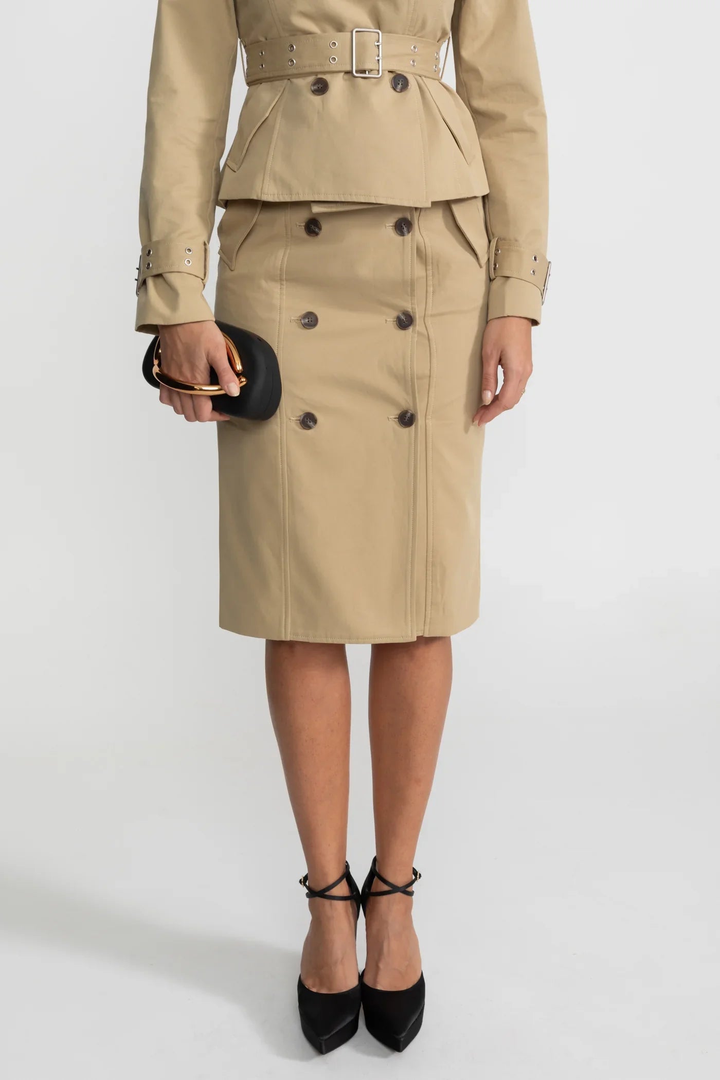 AHSEN OFF-SHOULDER TRENCH JACKET AND PENCIL SKIRT SET