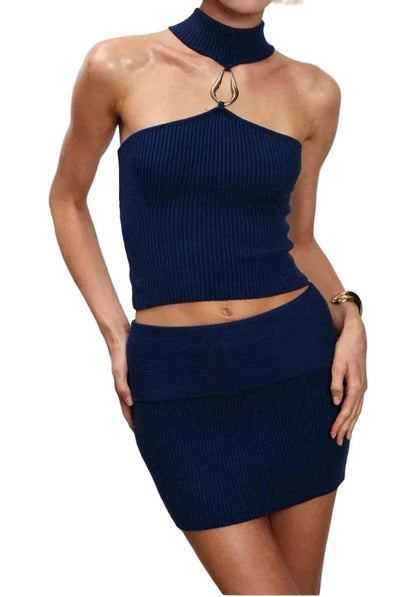 ALBERTA Knit High Neck Mini Skirt Set NAVY