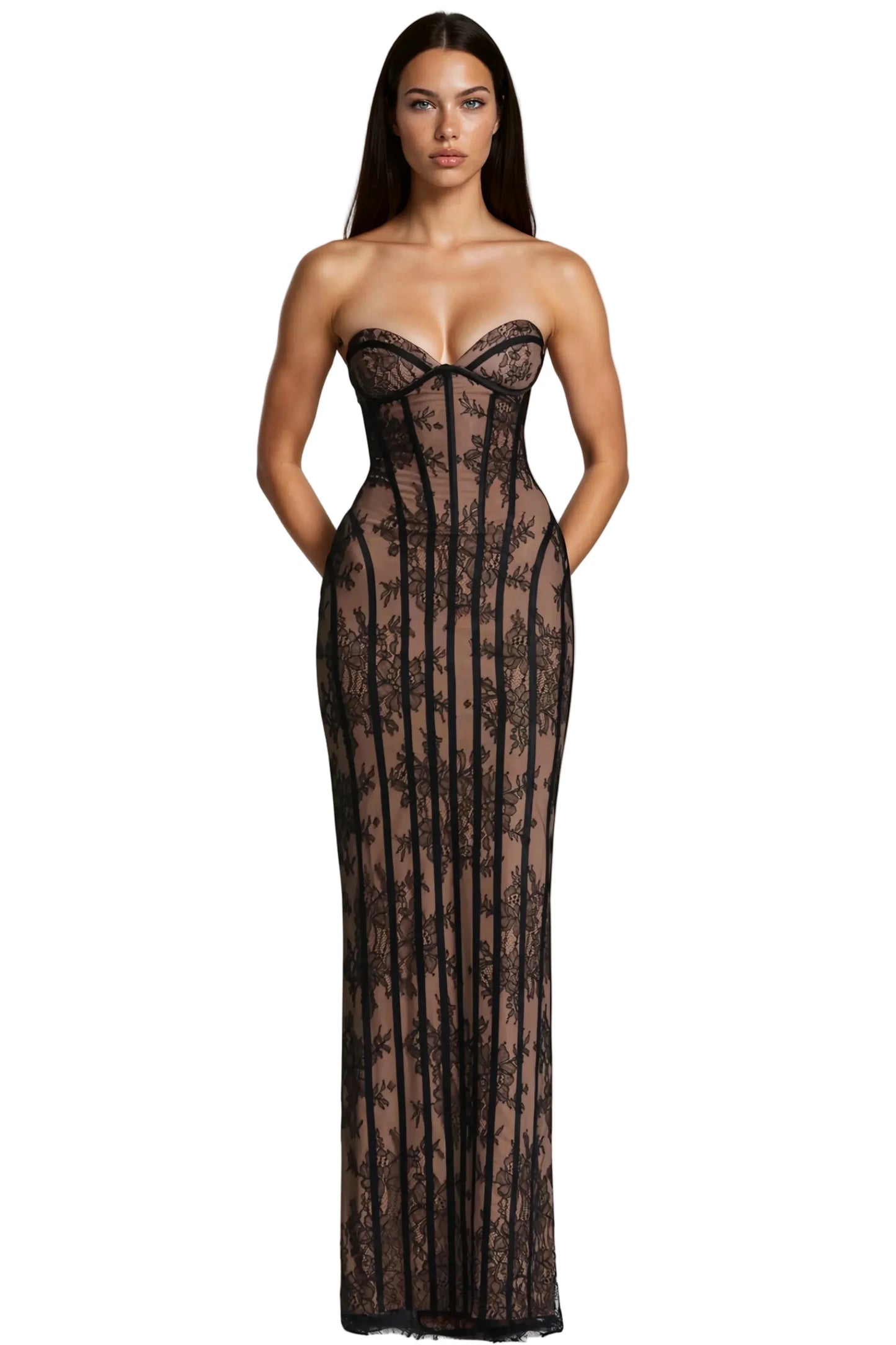 ALCHIMIE Lace Corset Maxi Dress | Elegant Bodycon Evening Gown