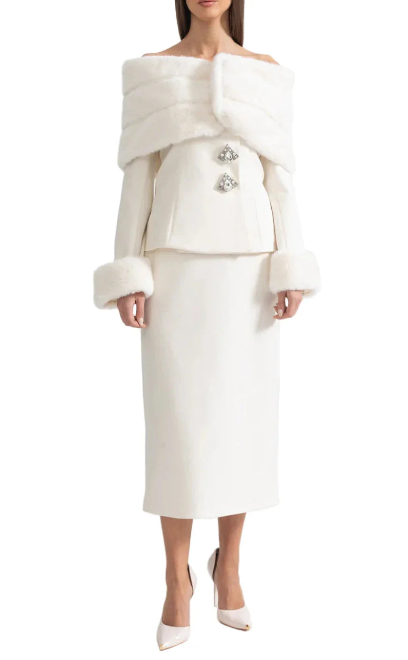 ALUHE Fur Crystals Midi Bodycon Set WHITE