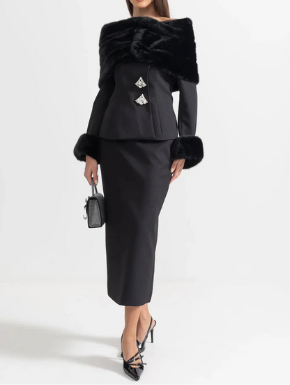 ALUHE Fur Crystals Midi Bodycon Set BLACK