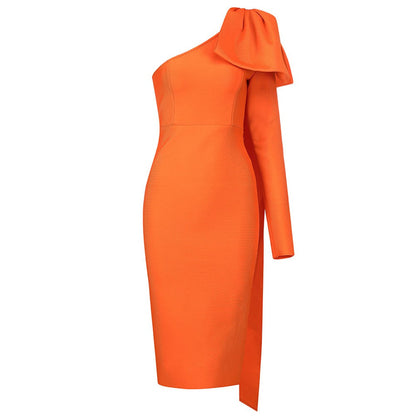 AMANDA  One Shoulder Long Sleeve Over Knee Bowknot Asymmetrical Bandage Dress