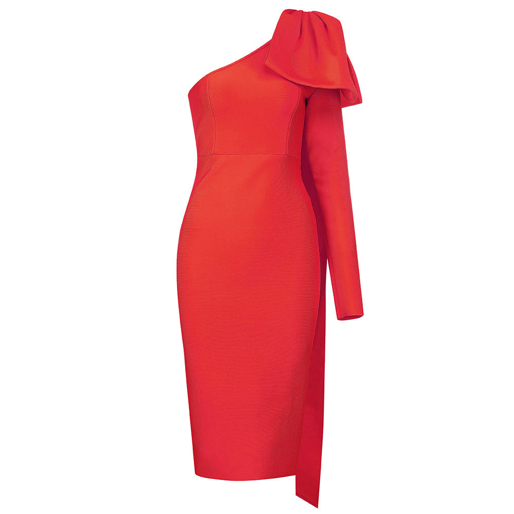 AMANDA  One Shoulder Long Sleeve Over Knee Bowknot Asymmetrical Bandage Dress