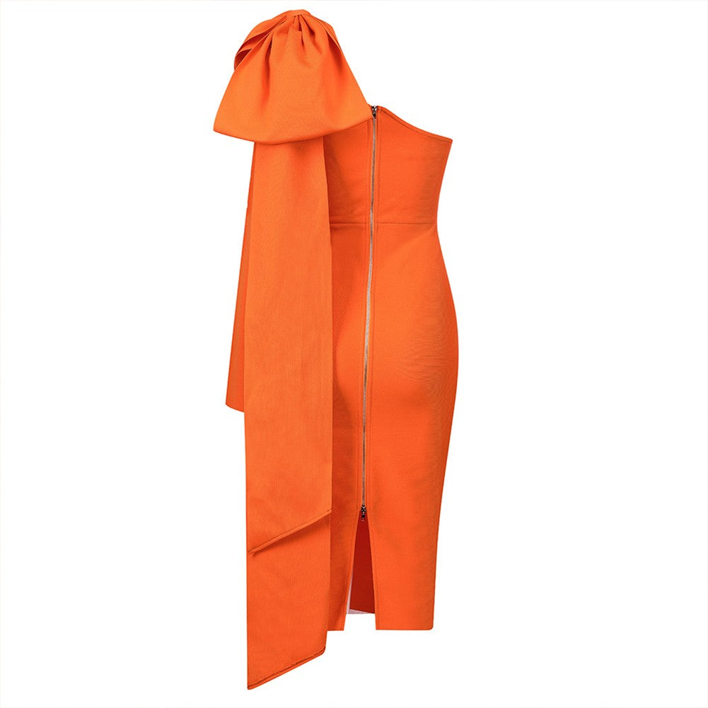 AMANDA  One Shoulder Long Sleeve Over Knee Bowknot Asymmetrical Bandage Dress