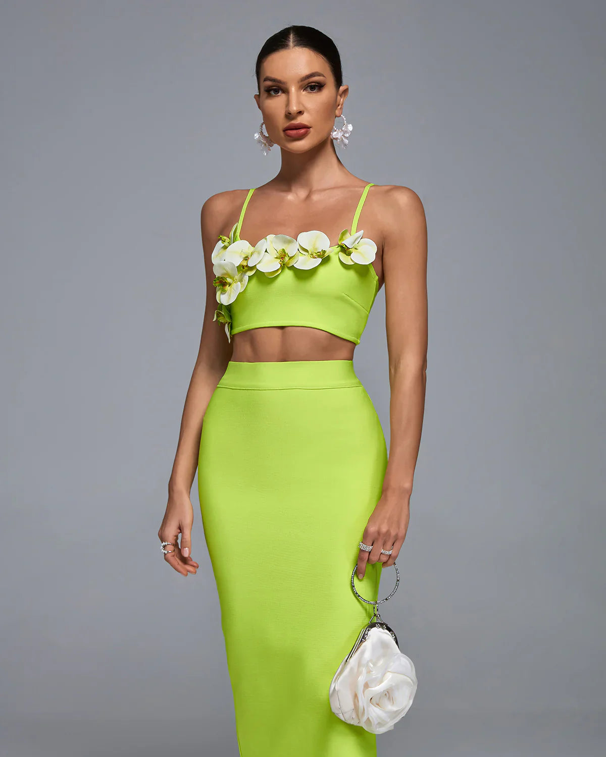 AMBIKA 3D Flower Orchid Top Bandage Skirt Set