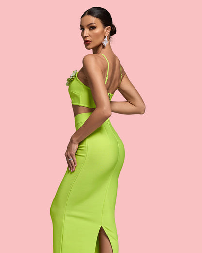 NEXT DAY DELIVERY AMBIKA 3D Flower Orchid Top Bandage Skirt Set