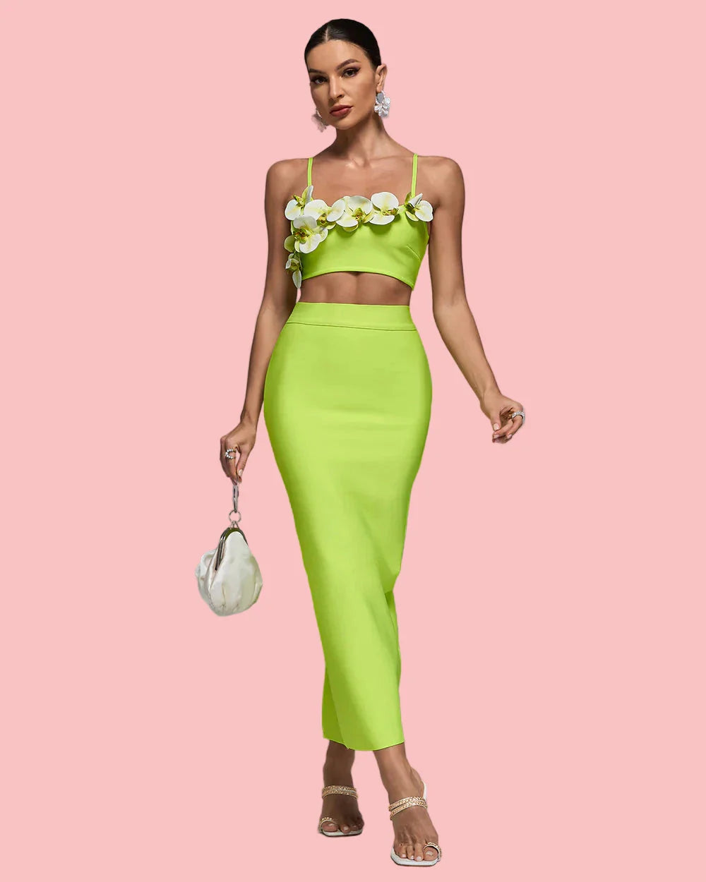 NEXT DAY DELIVERY AMBIKA 3D Flower Orchid Top Bandage Skirt Set