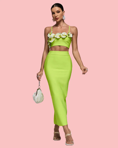 NEXT DAY DELIVERY AMBIKA 3D Flower Orchid Top Bandage Skirt Set