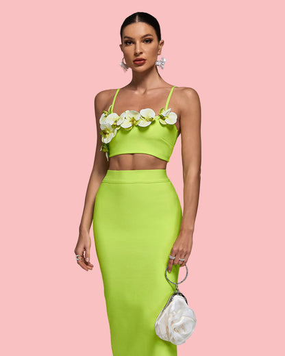 NEXT DAY DELIVERY AMBIKA 3D Flower Orchid Top Bandage Skirt Set
