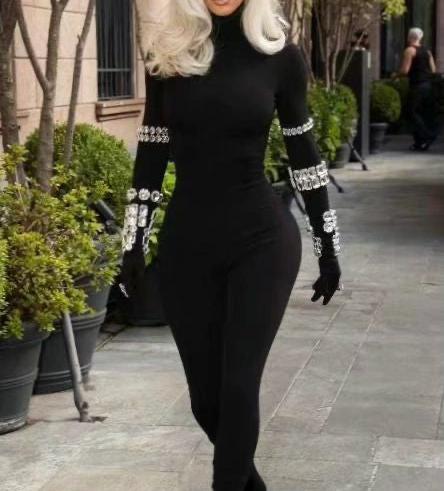 ANDREA Long Sleeve Crystals Bandage Jumpsuit