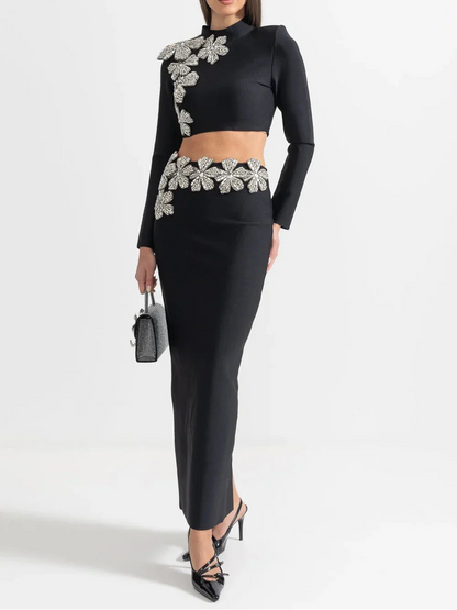 ARAIA BANDAGE DIAMOND FLOWER ACCENT WITH LONG SLEEVES TOP AND MAXI SKIRT SET BLACK