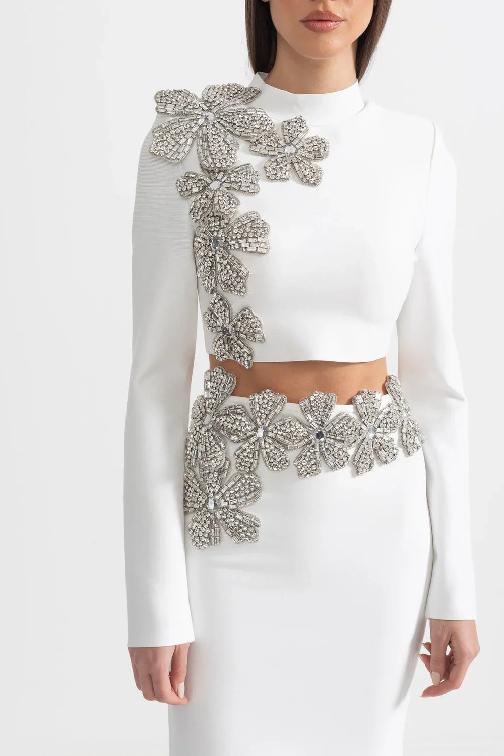ARAIA BANDAGE DIAMOND FLOWER ACCENT WITH LONG SLEEVES TOP AND MAXI SKIRT SET