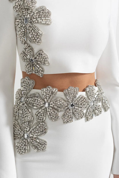 ARAIA BANDAGE DIAMOND FLOWER ACCENT WITH LONG SLEEVES TOP AND MAXI SKIRT SET