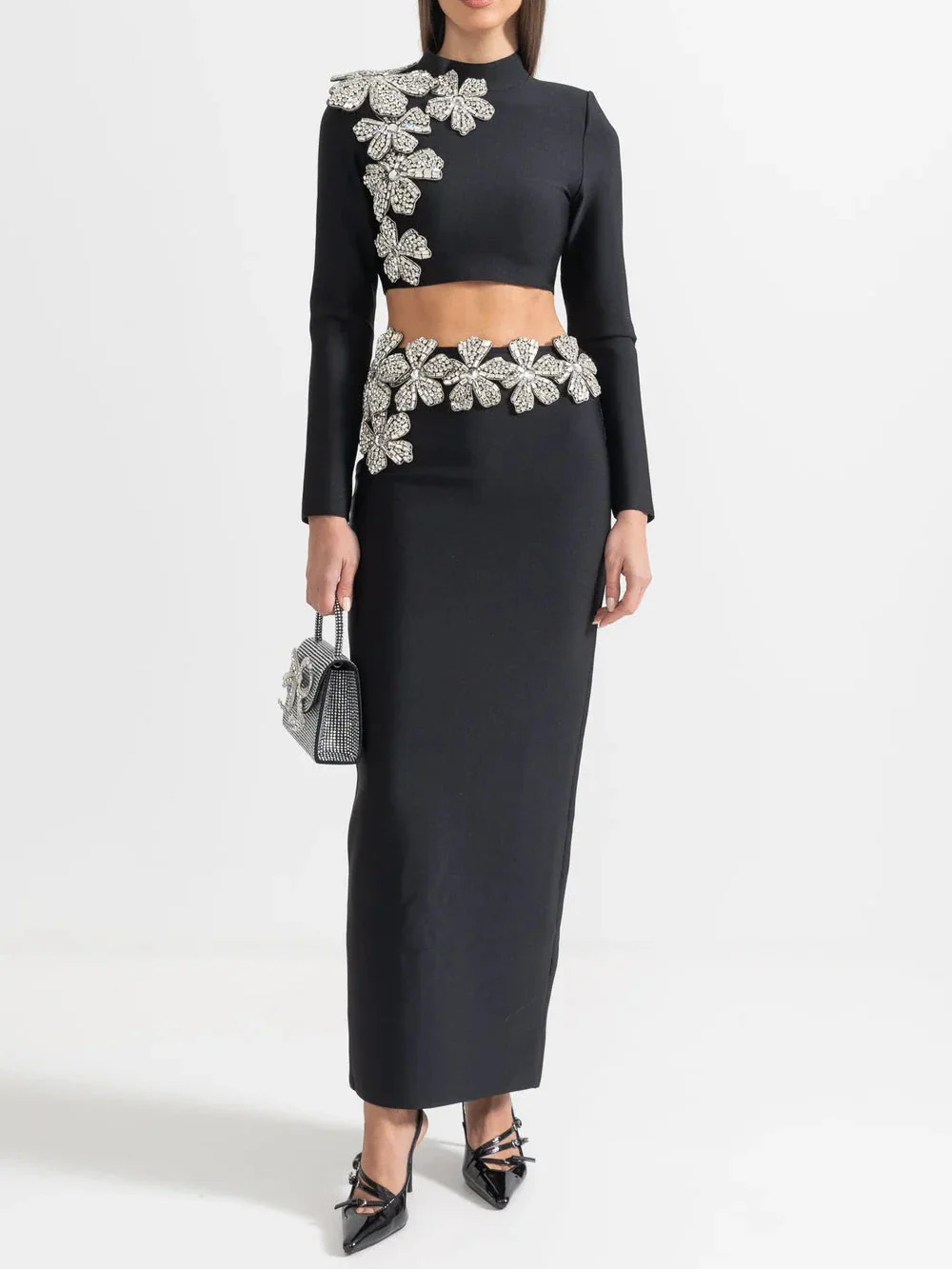 ARAIA BANDAGE DIAMOND FLOWER ACCENT WITH LONG SLEEVES TOP AND MAXI SKIRT SET