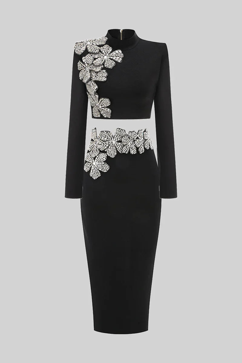 ARAIA BANDAGE DIAMOND FLOWER ACCENT WITH LONG SLEEVES TOP AND MAXI SKIRT SET