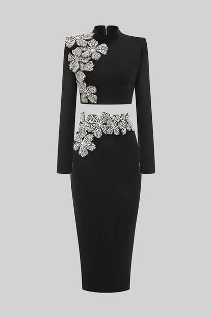 ARAIA BANDAGE DIAMOND FLOWER ACCENT WITH LONG SLEEVES TOP AND MAXI SKIRT SET