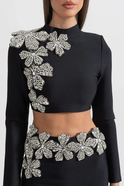 ARAIA BANDAGE DIAMOND FLOWER ACCENT WITH LONG SLEEVES TOP AND MAXI SKIRT SET