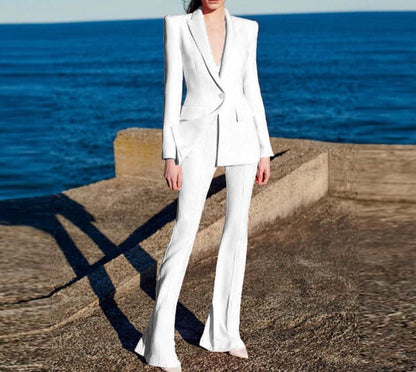ARI V Neck Long Sleeve Bell-Bottoms Bodycon Suit WHITE