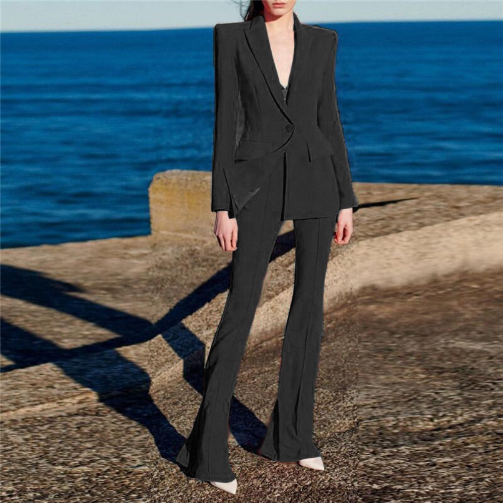 ARI V Neck Long Sleeve Bell-Bottoms Bodycon Suit BLACK