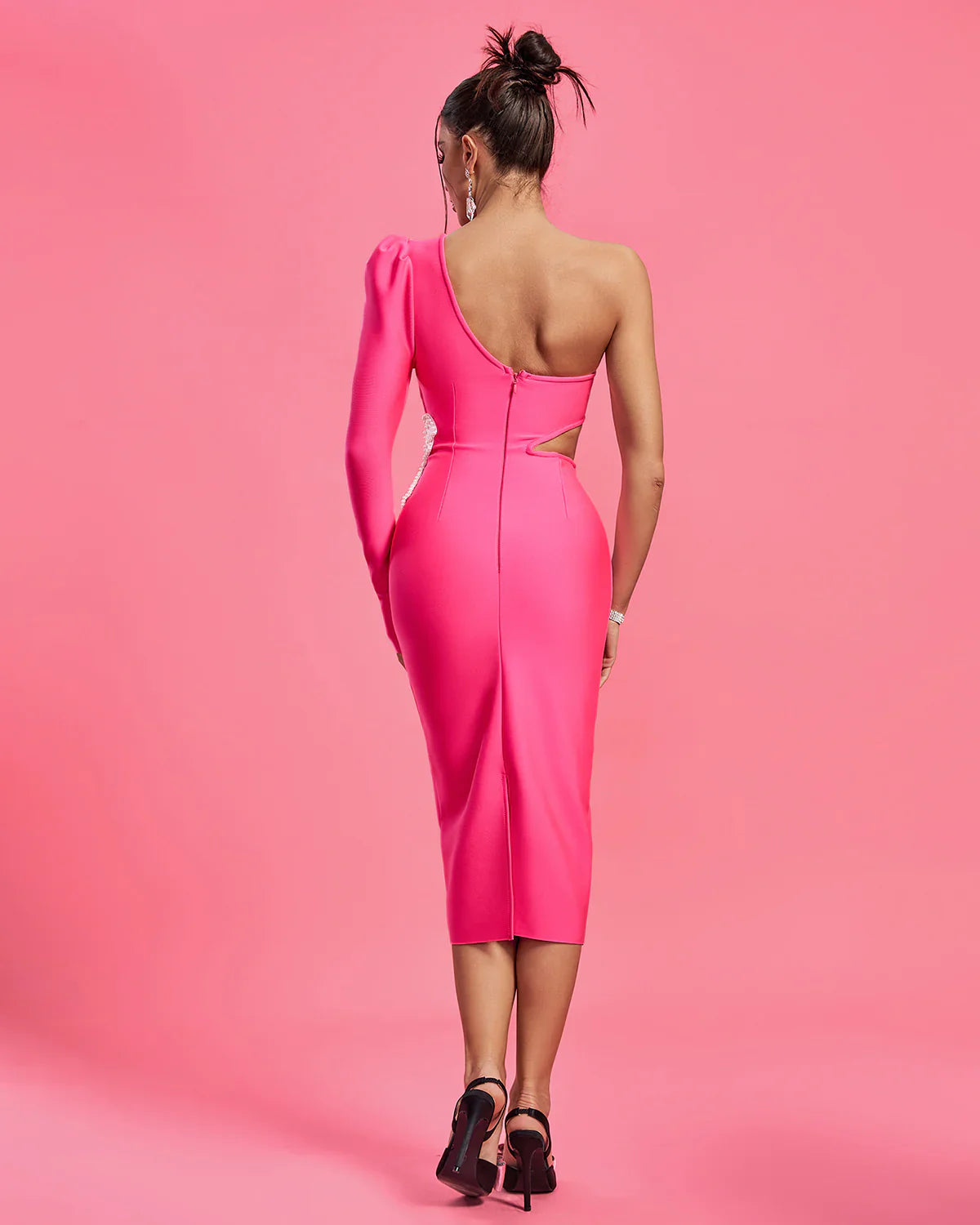 ASHIRA One Shoulder Pearl Applique Midi Bandage Dress