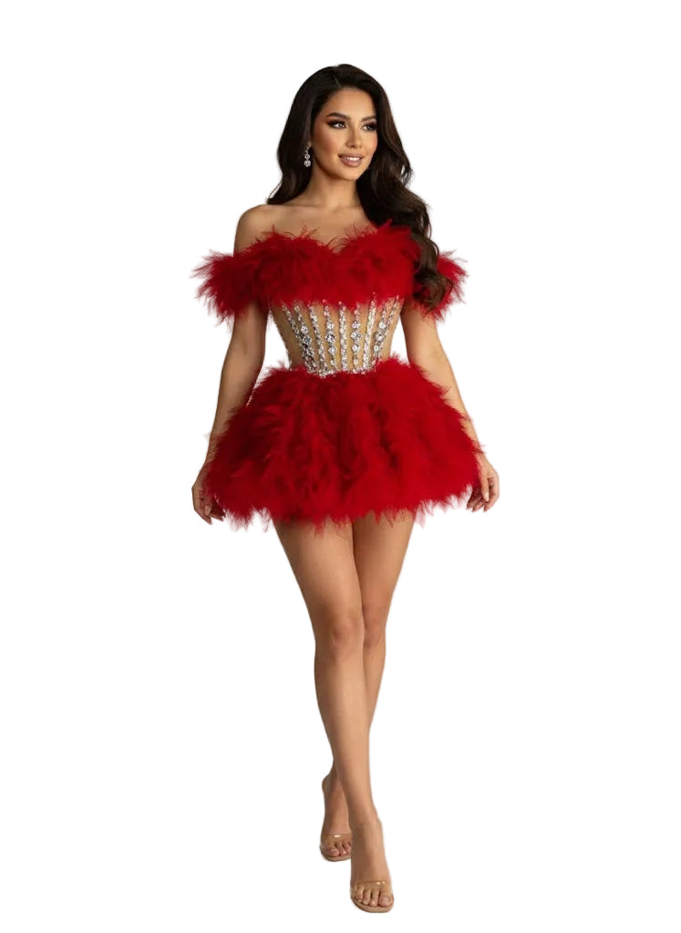 ASNER Feather Couture Mini Dress RED