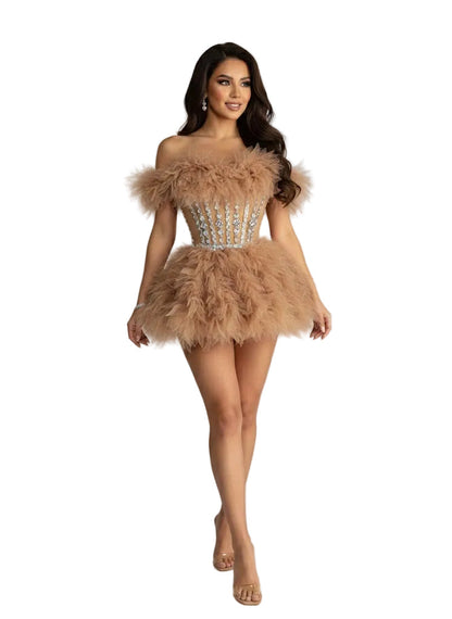 ASNER Feather Couture Mini Dress BROWN