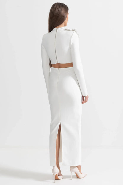 ARAIA BANDAGE DIAMOND FLOWER ACCENT WITH LONG SLEEVES TOP AND MAXI SKIRT SET