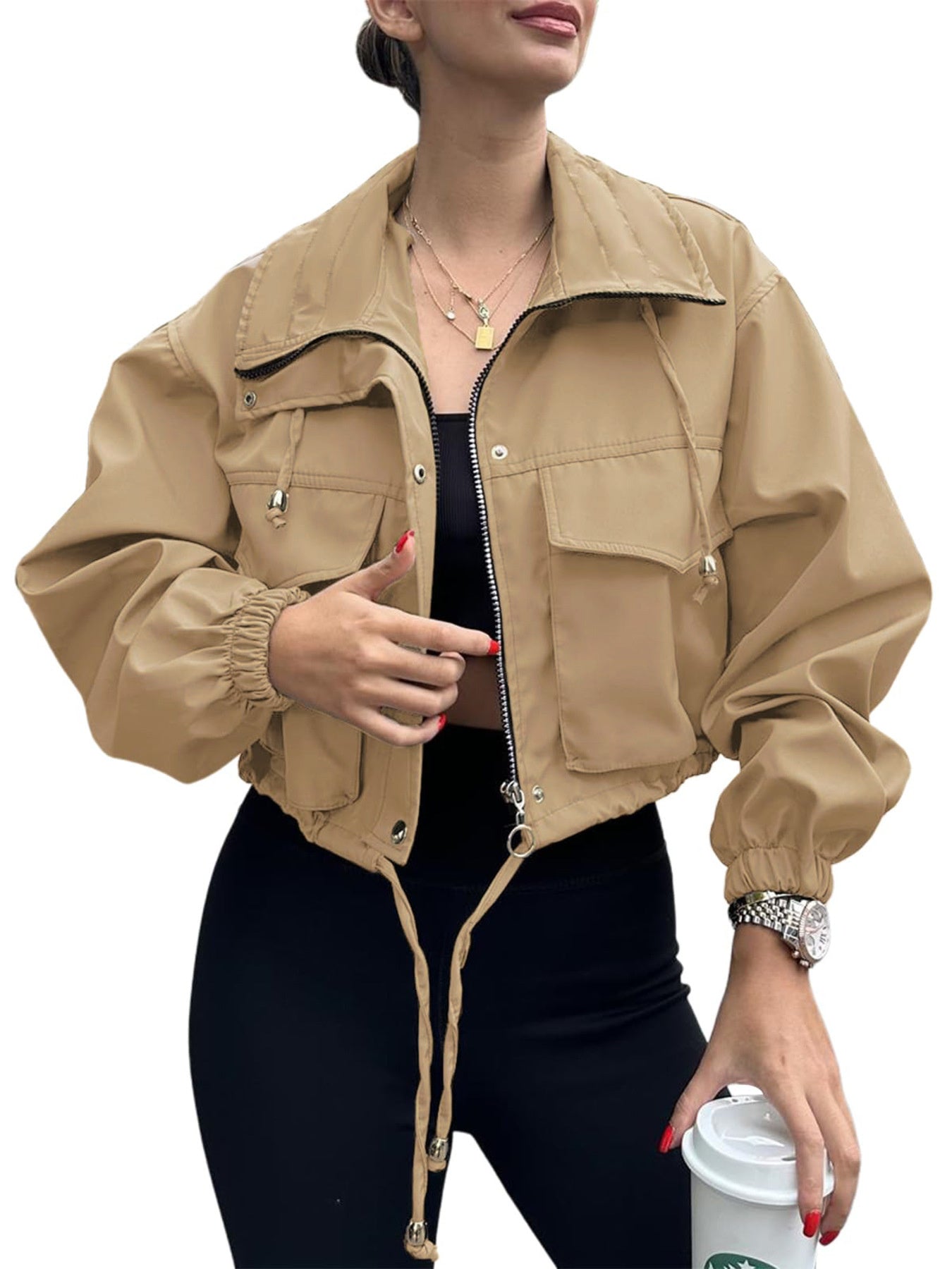 Crop Drawstring Hem Zip Up Jacket