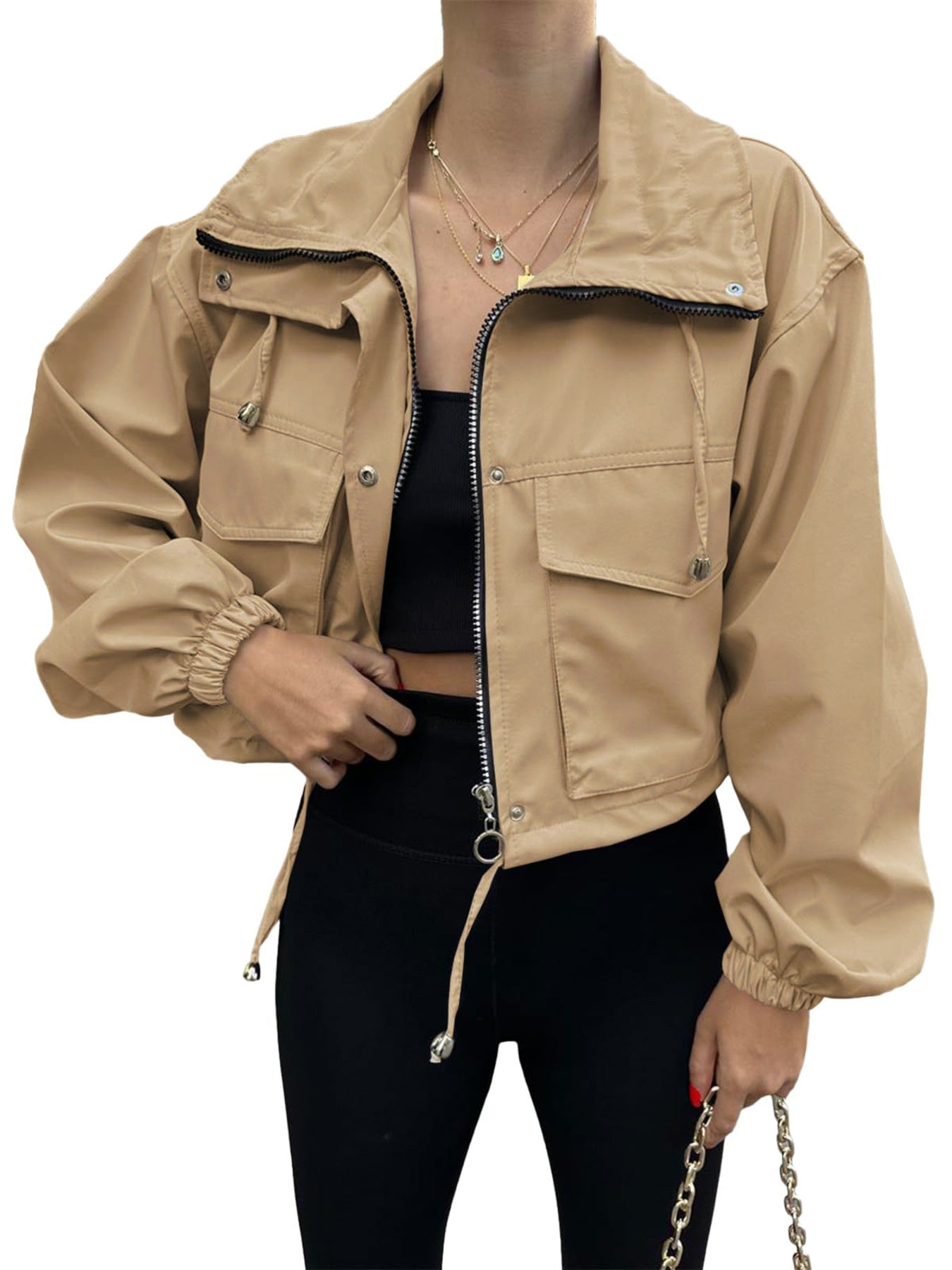 Crop Drawstring Hem Zip Up Jacket