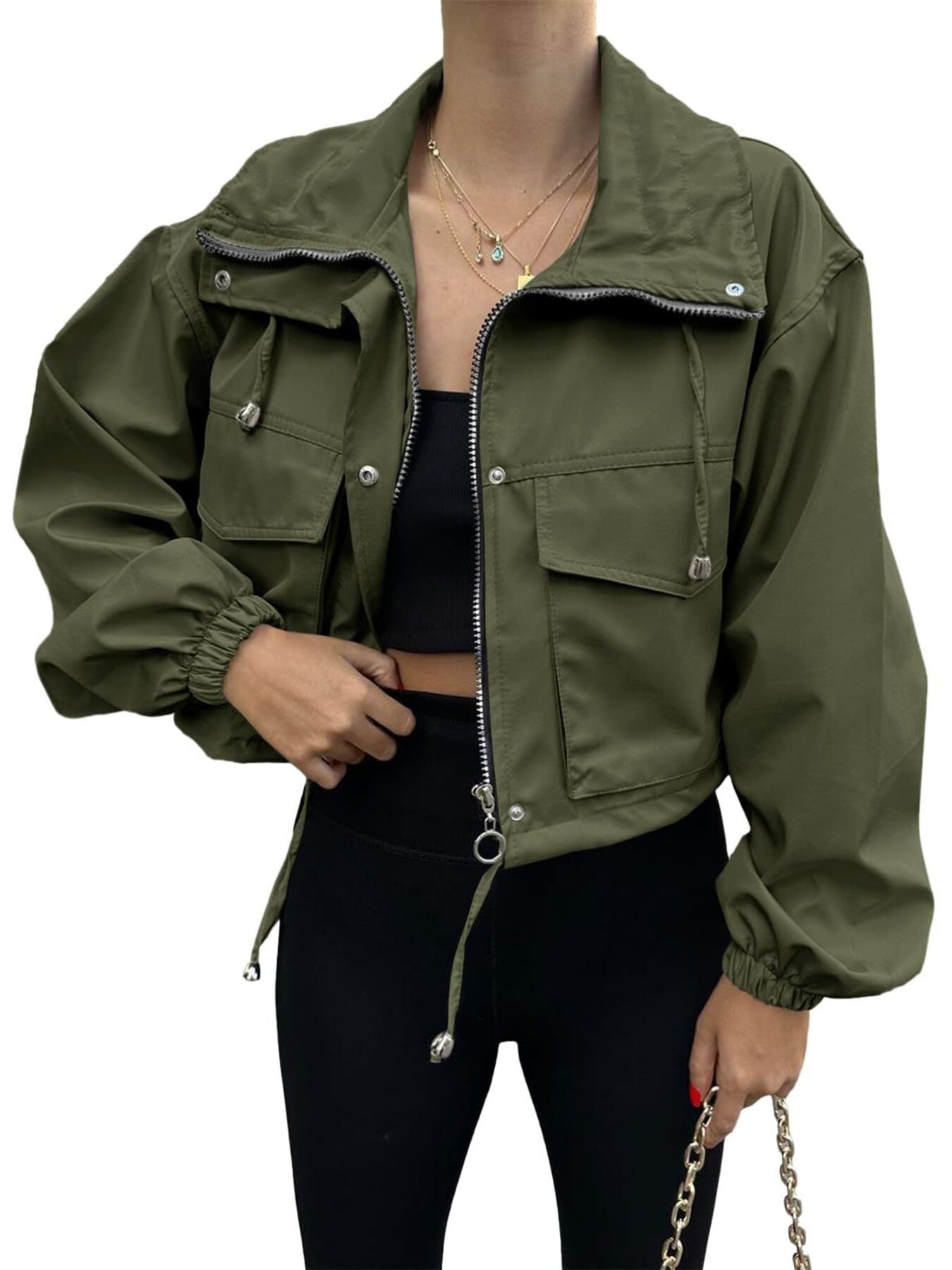 Crop Drawstring Hem Zip Up Jacket
