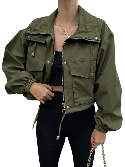 Crop Drawstring Hem Zip Up Jacket