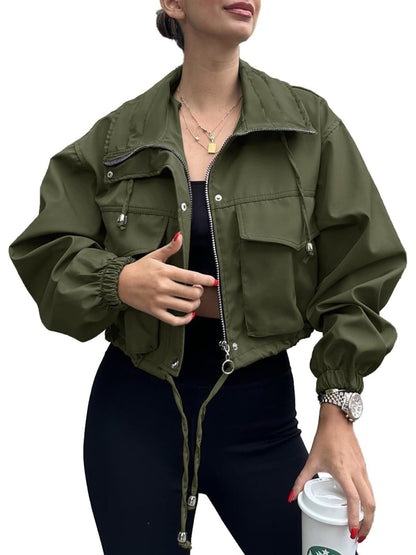 Crop Drawstring Hem Zip Up Jacket