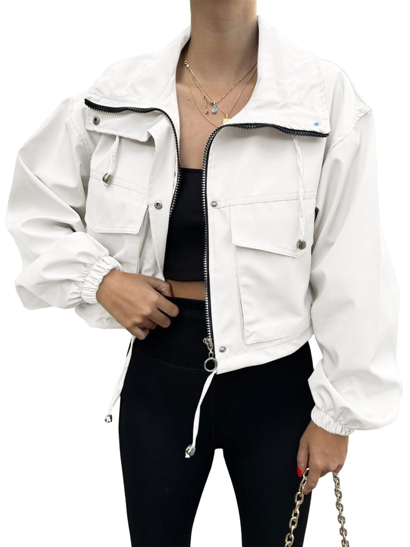 Crop Drawstring Hem Zip Up Jacket