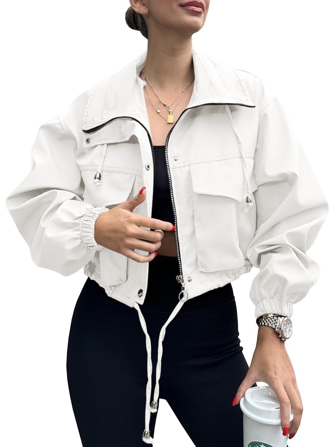 Crop Drawstring Hem Zip Up Jacket