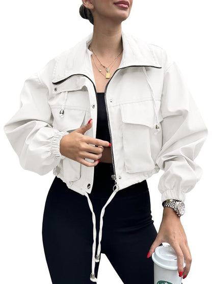 Crop Drawstring Hem Zip Up Jacket