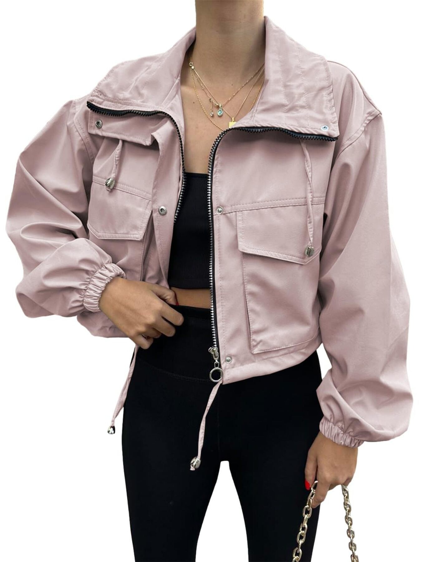 Crop Drawstring Hem Zip Up Jacket