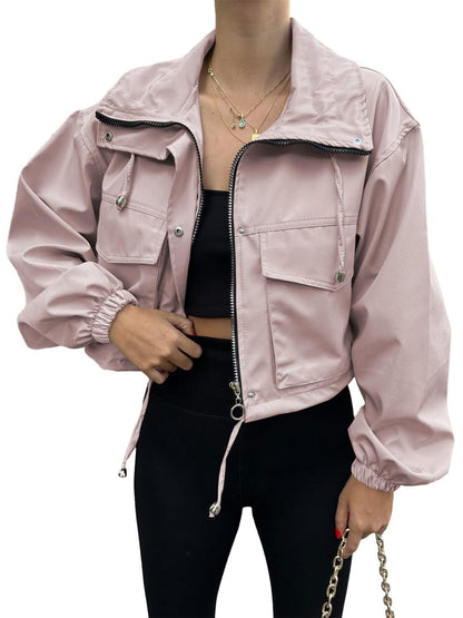 Crop Drawstring Hem Zip Up Jacket