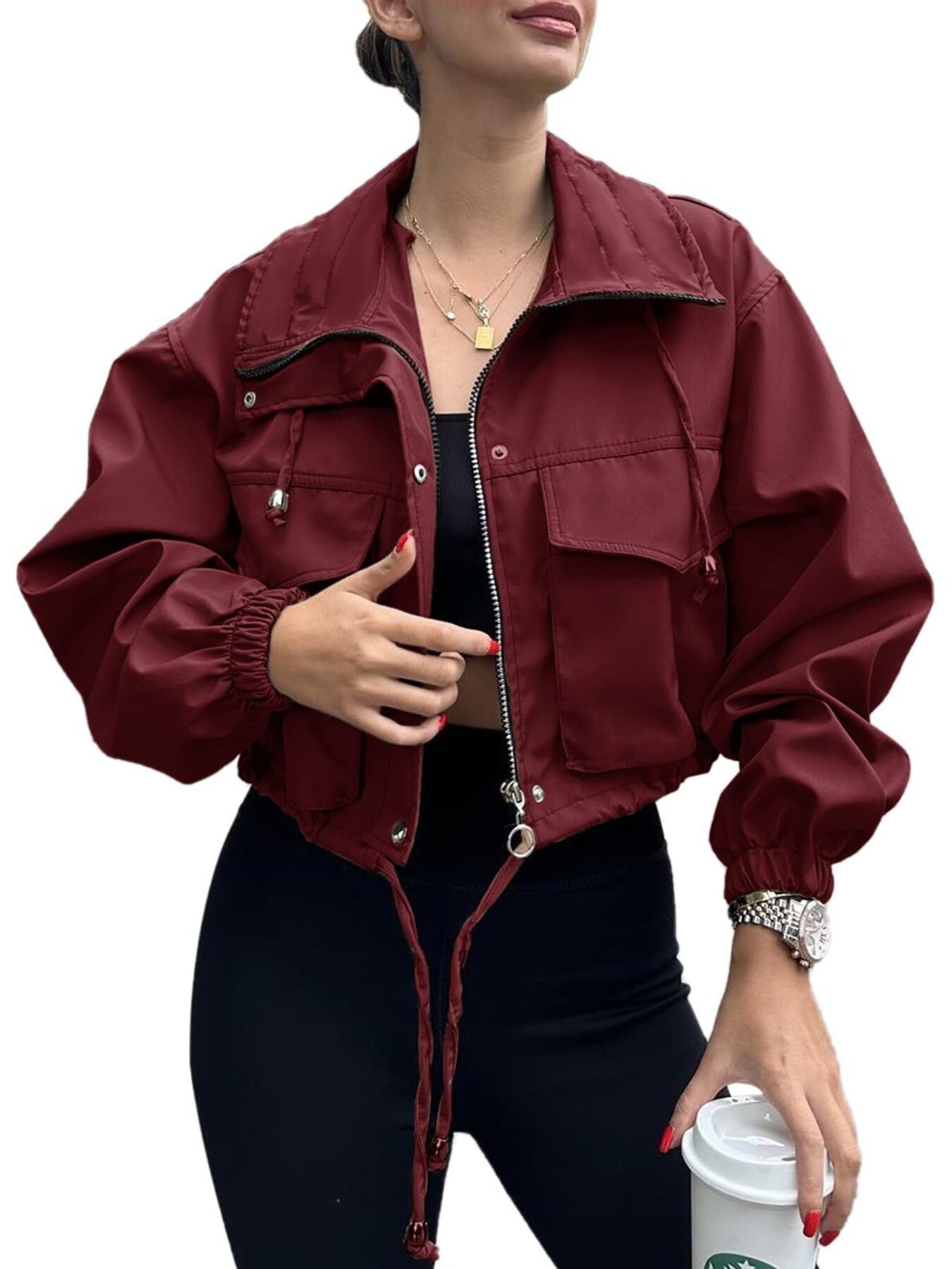 Crop Drawstring Hem Zip Up Jacket