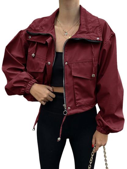 Crop Drawstring Hem Zip Up Jacket