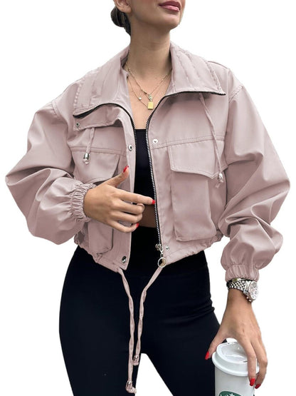 Crop Drawstring Hem Zip Up Jacket