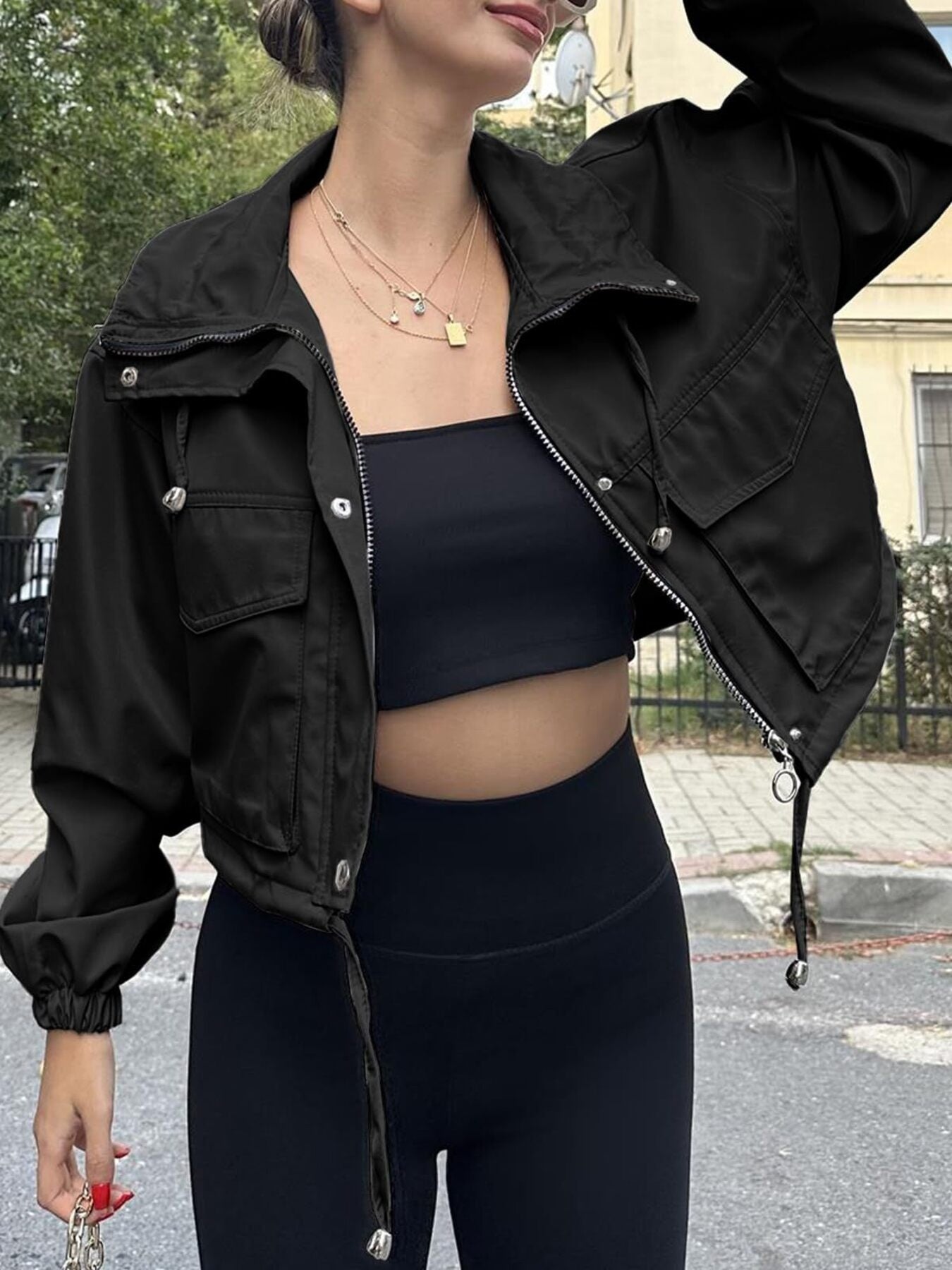 Crop Drawstring Hem Zip Up Jacket