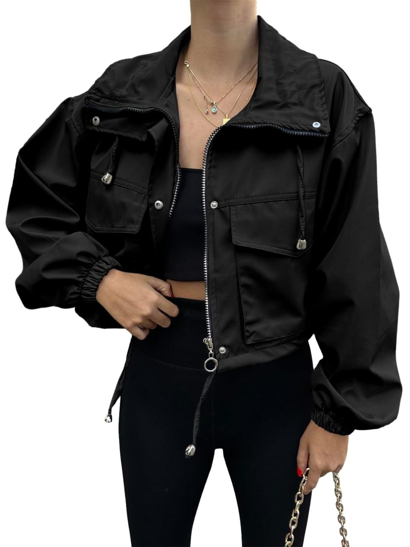 Crop Drawstring Hem Zip Up Jacket