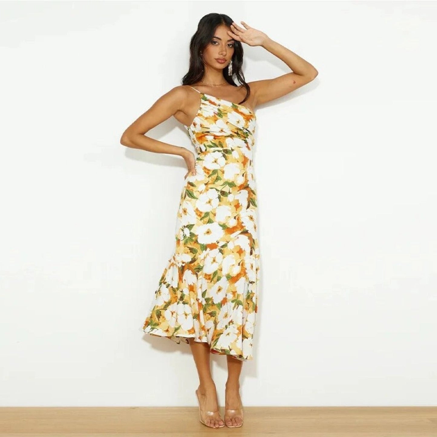 Genevieve | Women's Wedding Guest Floral Asymmetric Midi Dress