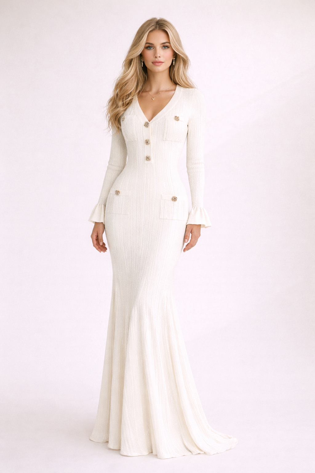RIHANA Elegant Knit Button Maxi Dress WHITE