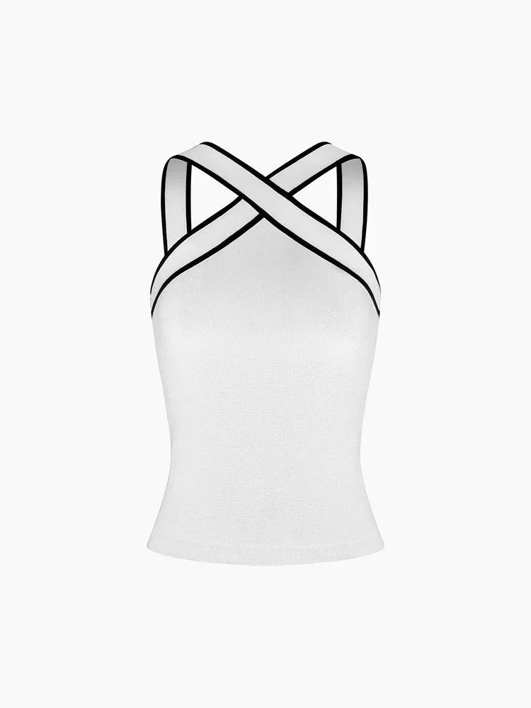 Women Knitted Criss-Cross Top | Backless Cross Straps Knit Tank Top White