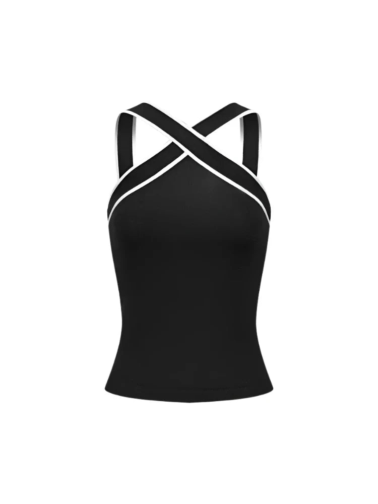 Women Knitted Criss-Cross Top | Backless Cross Straps Knit Tank Top Black