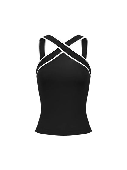 Women Knitted Criss-Cross Top | Backless Cross Straps Knit Tank Top Black