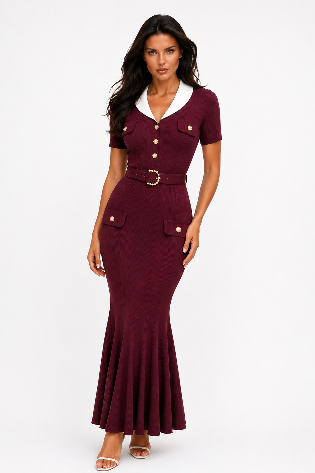 DESI Knit Belted Contrast Collar Maxi Dress with Gold Buttons